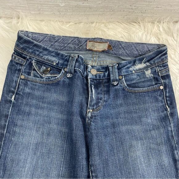 Paige Pico Dark Wash Button Flap Distressed Bootcut Jeans - Picture 3 of 7